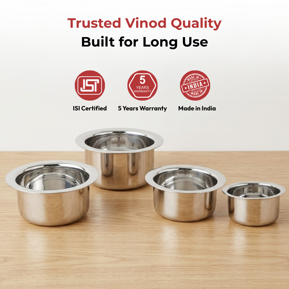 Vinod Stainless Steel Induction Friendly Flat Bottom Cooking Tope With 1.5mm Thickness | 18 Gauge Durable Steel  4 Pcs | Capacity 350ml, 500ml and 750ml  | No 7 to 10