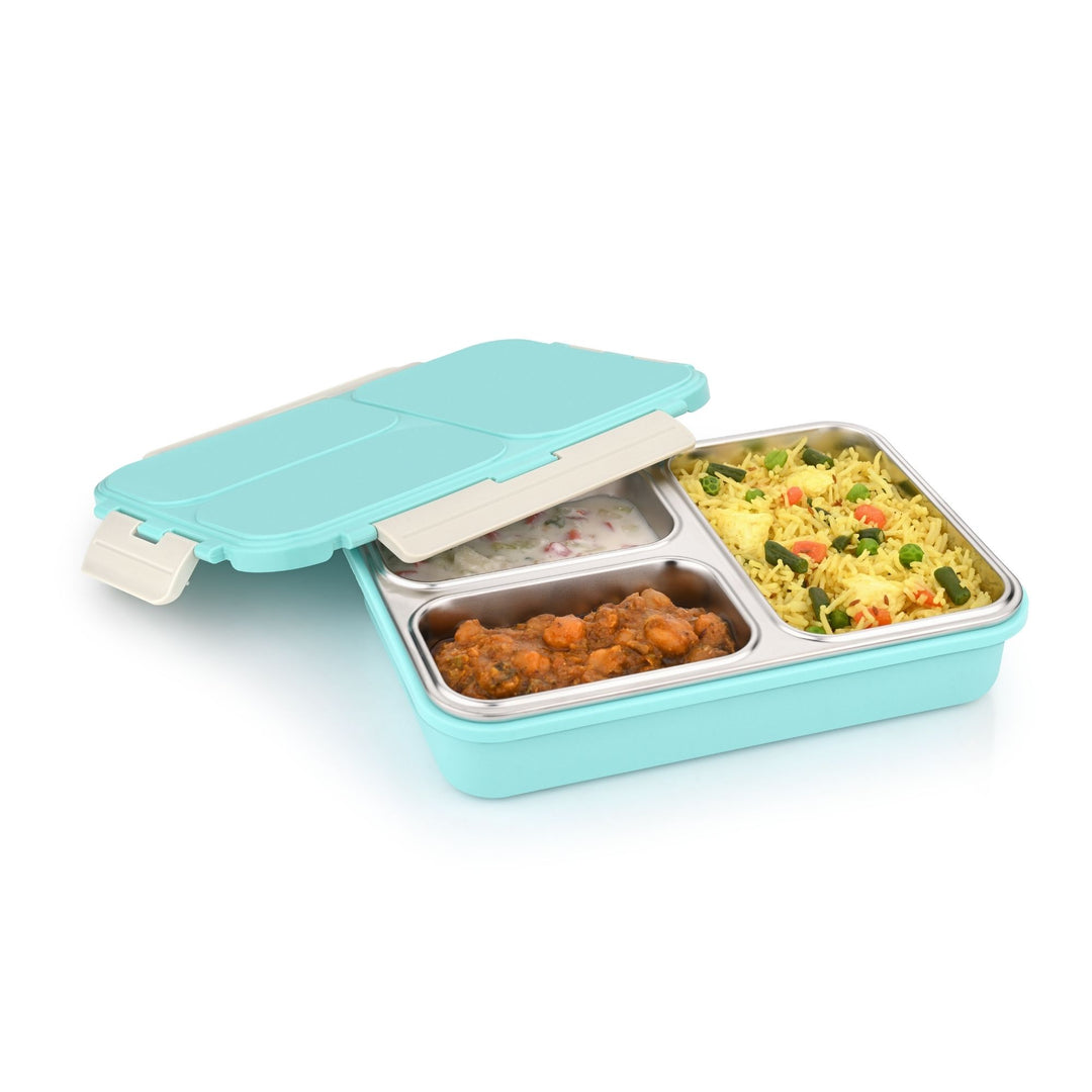 विनोद स्टेनलेस स्टील 3 कम्पार्टमेंट लीक-प्रूफ लंच बॉक्स वैक्यूम सीलबंद टिफिन बॉक्स ऑफिस, बच्चों और वयस्कों के लिए फ्रीजर सेफ बेंटो बॉक्स एयरटाइट कंटेनर, सेफ्टी लॉक के साथ इंसुलेटेड, नीला