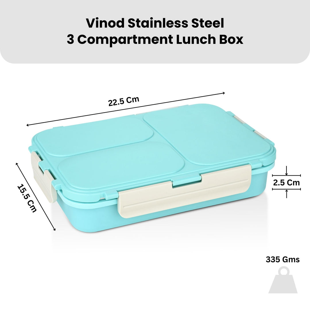 विनोद स्टेनलेस स्टील 3 कम्पार्टमेंट लीक-प्रूफ लंच बॉक्स वैक्यूम सीलबंद टिफिन बॉक्स ऑफिस, बच्चों और वयस्कों के लिए फ्रीजर सेफ बेंटो बॉक्स एयरटाइट कंटेनर, सेफ्टी लॉक के साथ इंसुलेटेड, नीला