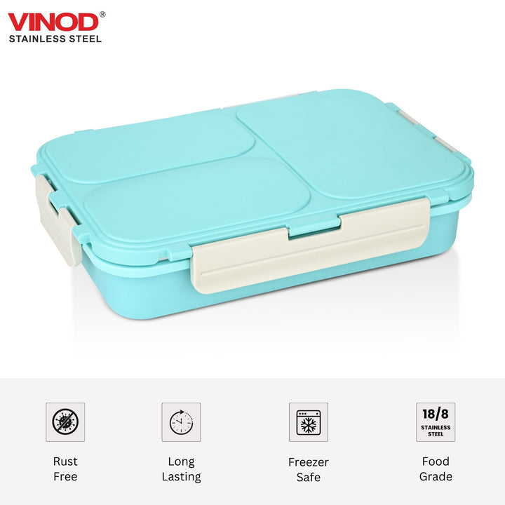 विनोद स्टेनलेस स्टील 3 कम्पार्टमेंट लीक-प्रूफ लंच बॉक्स वैक्यूम सीलबंद टिफिन बॉक्स ऑफिस, बच्चों और वयस्कों के लिए फ्रीजर सेफ बेंटो बॉक्स एयरटाइट कंटेनर, सेफ्टी लॉक के साथ इंसुलेटेड, नीला