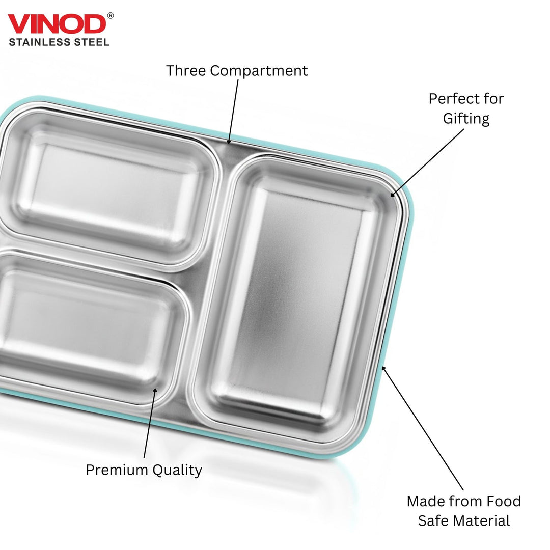 विनोद स्टेनलेस स्टील 3 कम्पार्टमेंट लीक-प्रूफ लंच बॉक्स वैक्यूम सीलबंद टिफिन बॉक्स ऑफिस, बच्चों और वयस्कों के लिए फ्रीजर सेफ बेंटो बॉक्स एयरटाइट कंटेनर, सेफ्टी लॉक के साथ इंसुलेटेड, नीला
