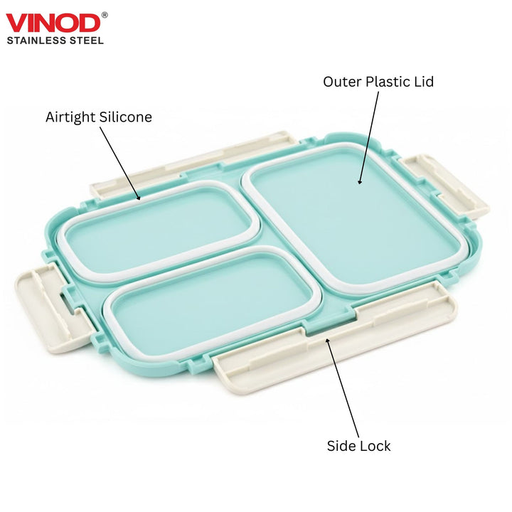 विनोद स्टेनलेस स्टील 3 कम्पार्टमेंट लीक-प्रूफ लंच बॉक्स वैक्यूम सीलबंद टिफिन बॉक्स ऑफिस, बच्चों और वयस्कों के लिए फ्रीजर सेफ बेंटो बॉक्स एयरटाइट कंटेनर, सेफ्टी लॉक के साथ इंसुलेटेड, नीला