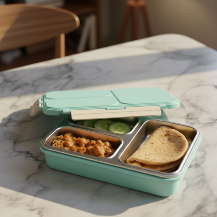 विनोद स्टेनलेस स्टील 3 कम्पार्टमेंट लीक-प्रूफ लंच बॉक्स वैक्यूम सीलबंद टिफिन बॉक्स ऑफिस, बच्चों और वयस्कों के लिए फ्रीजर सेफ बेंटो बॉक्स एयरटाइट कंटेनर, सेफ्टी लॉक के साथ इंसुलेटेड, नीला