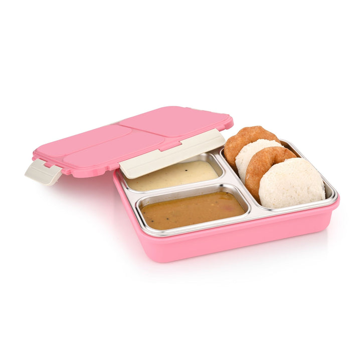 VINOD Stainless Steel Tiffin 3 Compartment Pink, Airtight Silicone-Sealed Lid, Insulated, Food-Grade Steel, Secure Side Clips
