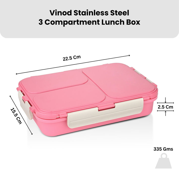 VINOD Stainless Steel Tiffin 3 Compartment Pink, Airtight Silicone-Sealed Lid, Insulated, Food-Grade Steel, Secure Side Clips