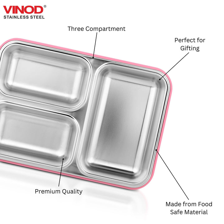 VINOD Stainless Steel Tiffin 3 Compartment Pink, Airtight Silicone-Sealed Lid, Insulated, Food-Grade Steel, Secure Side Clips