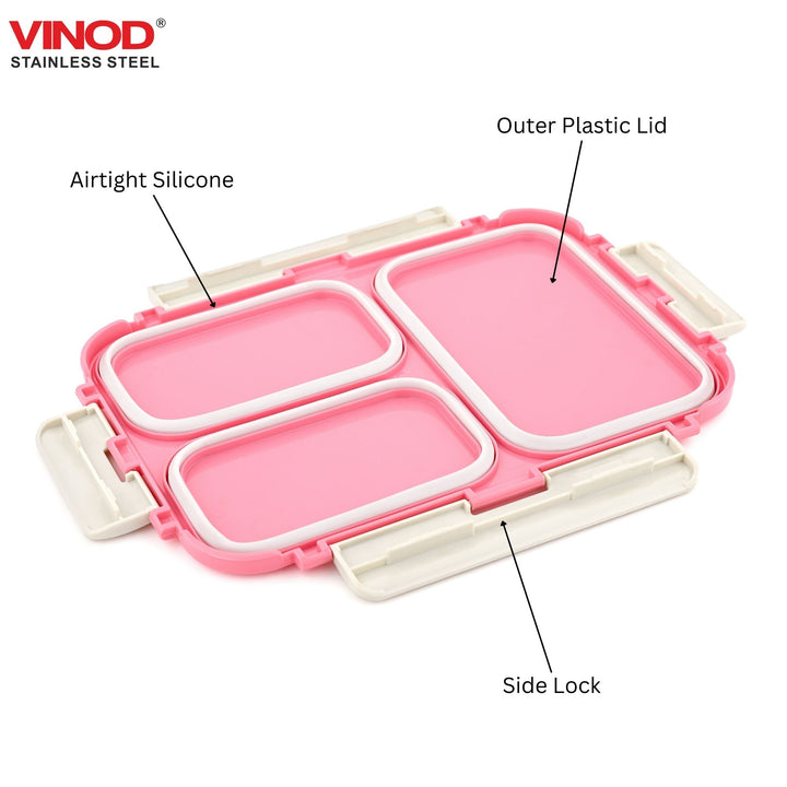 VINOD Stainless Steel Tiffin 3 Compartment Pink, Airtight Silicone-Sealed Lid, Insulated, Food-Grade Steel, Secure Side Clips