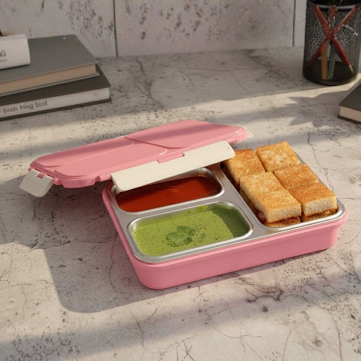 VINOD Stainless Steel Tiffin 3 Compartment Pink, Airtight Silicone-Sealed Lid, Insulated, Food-Grade Steel, Secure Side Clips