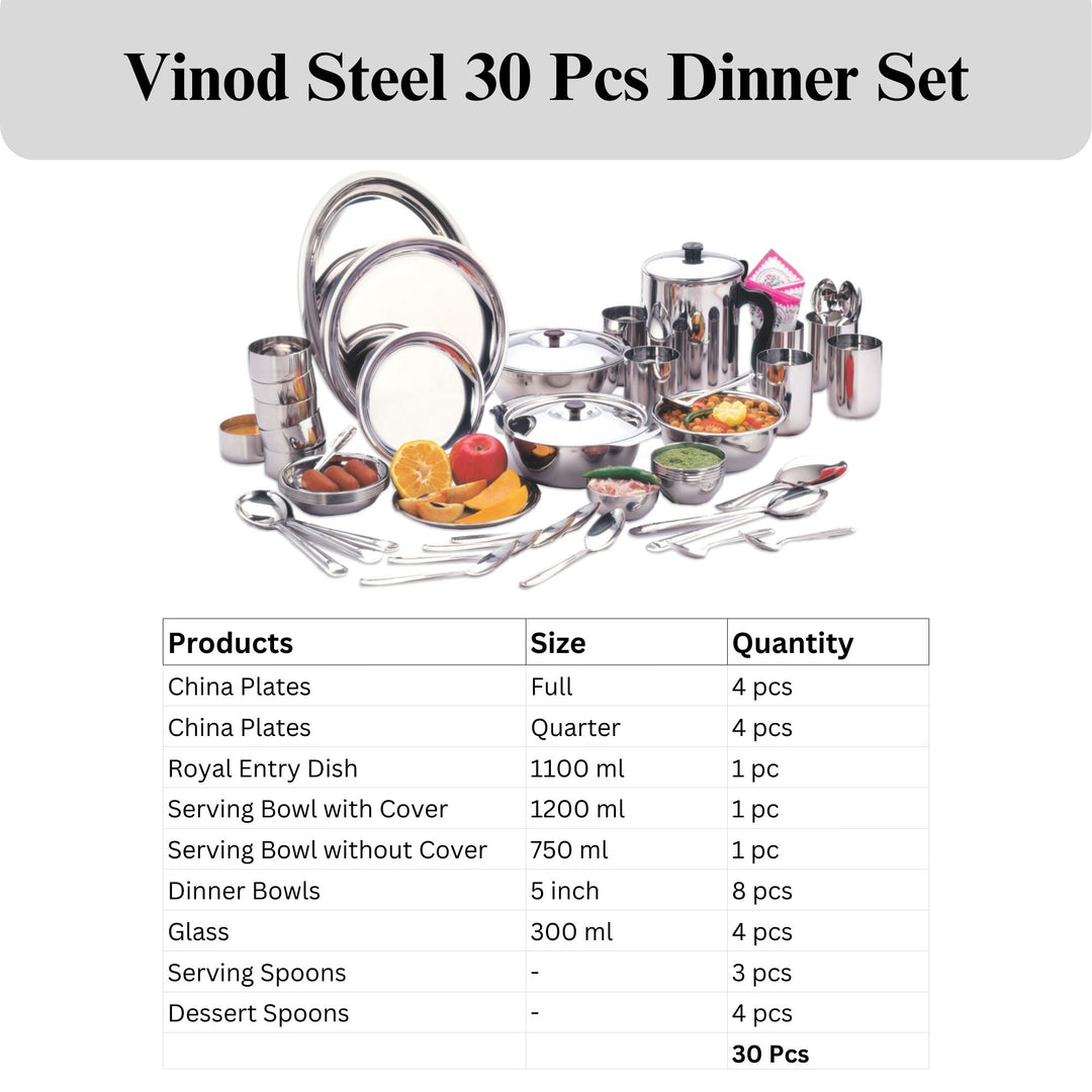 विनोद स्टेनलेस स्टील 30 पीस डिनर सेट, चार लोगों के लिए