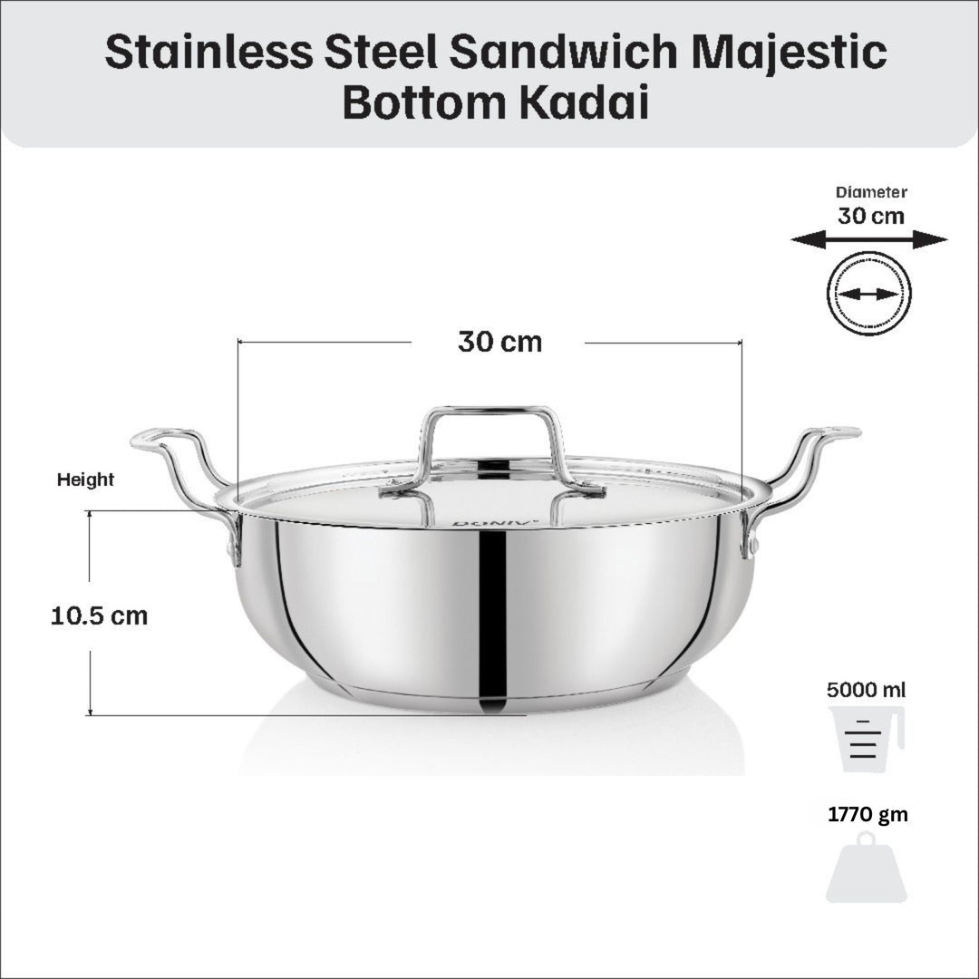 Vinod – Doniv Stainless Steel Majestic Sandwich Bottom Kadai with Steel Lid (5 Liter/ 30 cm) - Induction Friendly