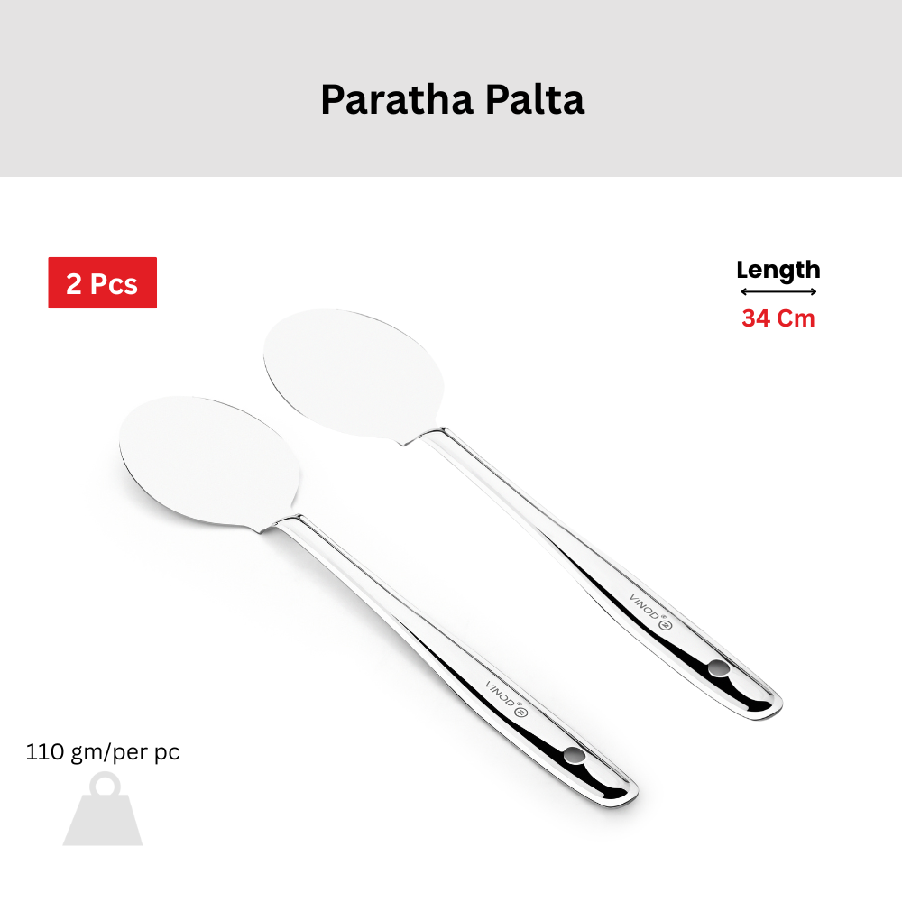 विनोद स्टेनलेस स्टील पराठा पलटा 34 सेमी कुकिंग टर्नर चपाती, डोसा, उत्तपम, रोटी और पराठा के लिए फ्लैट प्लेन कुकिंग चम्मच स्टील स्पैटुला I आवश्यक रसोई उपकरण I 2 का सेट I नंबर 2