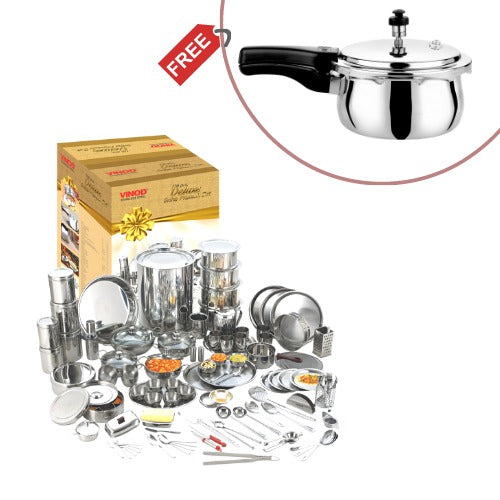 Vinod Stainless Steel Deluxe Griha Pravesh Set With Doniv Triply Pressure Cooker