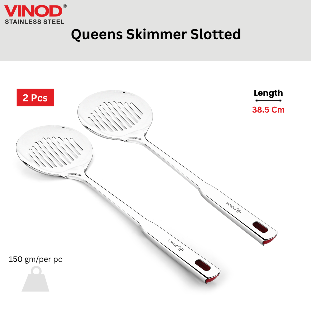 विनोद स्टेनलेस स्टील क्वींस स्किमर स्लॉटेड चम्मच तलने के लिए 38.5 सेमी I 2 का सेट I नंबर 2