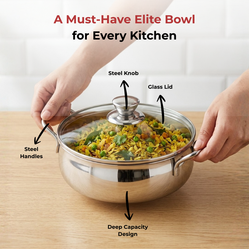 Vinod Stainless Steel Elite Bowl with Glass Lid & Side Handles, close-up detail