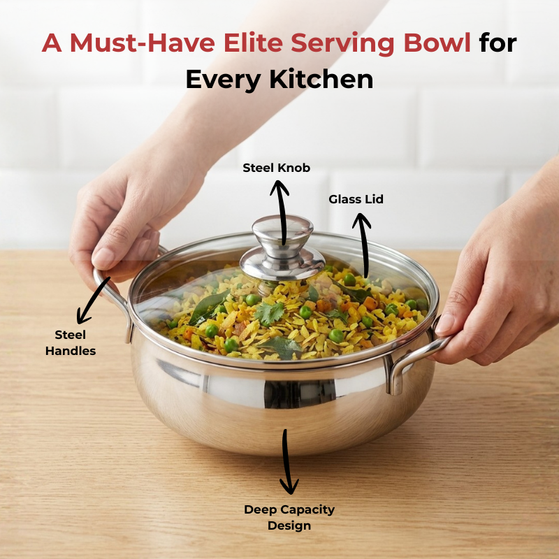 Vinod stainless steel Elite bowl 3 pcs set with glass lids & side handles, close-up detail
