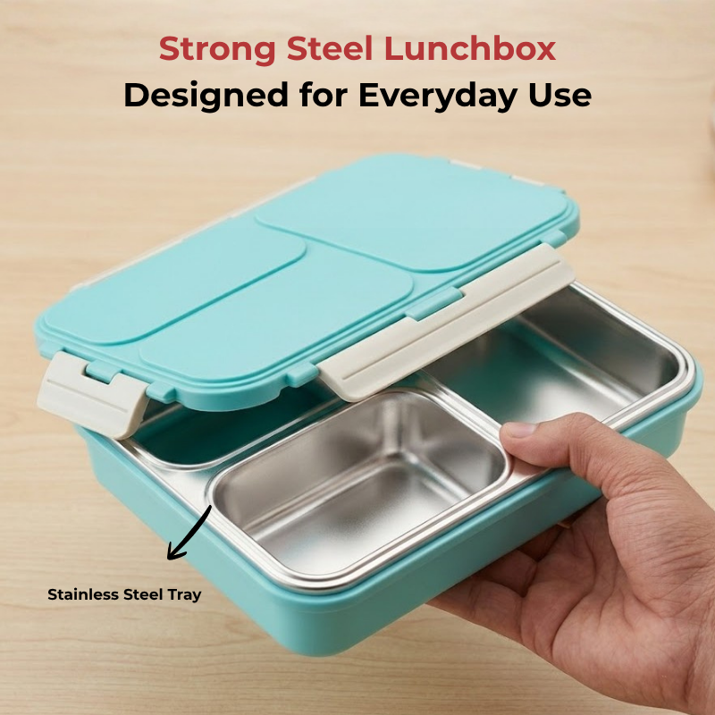 Vinod stainless steel 3 compartment tiffin in blue, silicone-sealed airtight lid, close-up detail