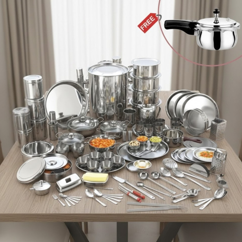 Vinod Doniv 116 piece deluxe Griha Pravesh set with free pressure cooker, front view