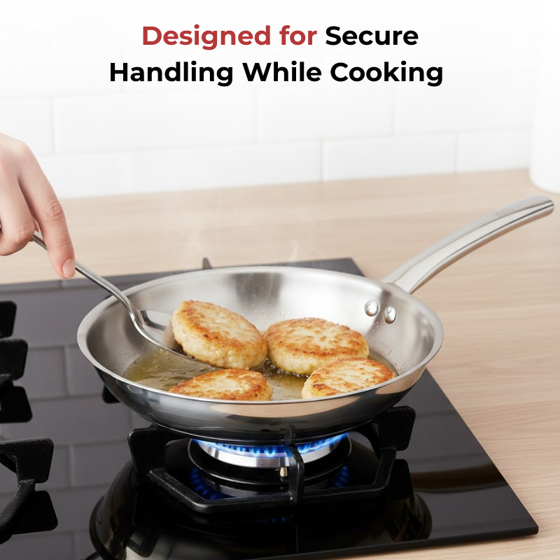 Vinod Claro Heavy Gauge Stainless Steel Hammered Fry Pan with 1.5 mm, in-use view