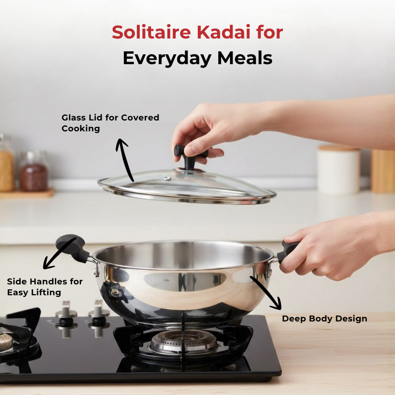Vinod Doniv stainless steel solitaire cookware set / 1 pcs sauce pan / 1 pcs kadhai, set of 2 pcs, close-up detail