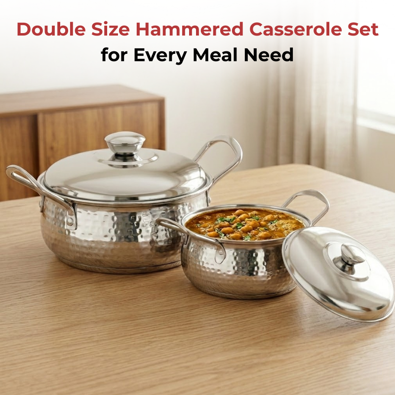 Vinod stainless steel milano hammered serving casserole, set of 2, 1230 ml, 1630 ml, in-use view