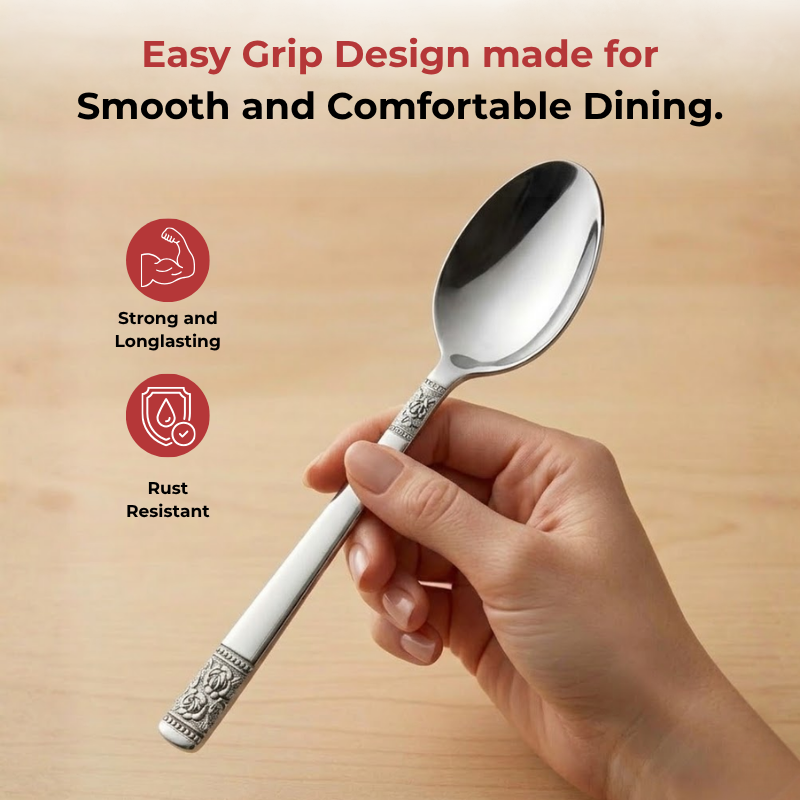 Vinod Moscow stainless steel dessert spoon set of 12, close-up detail