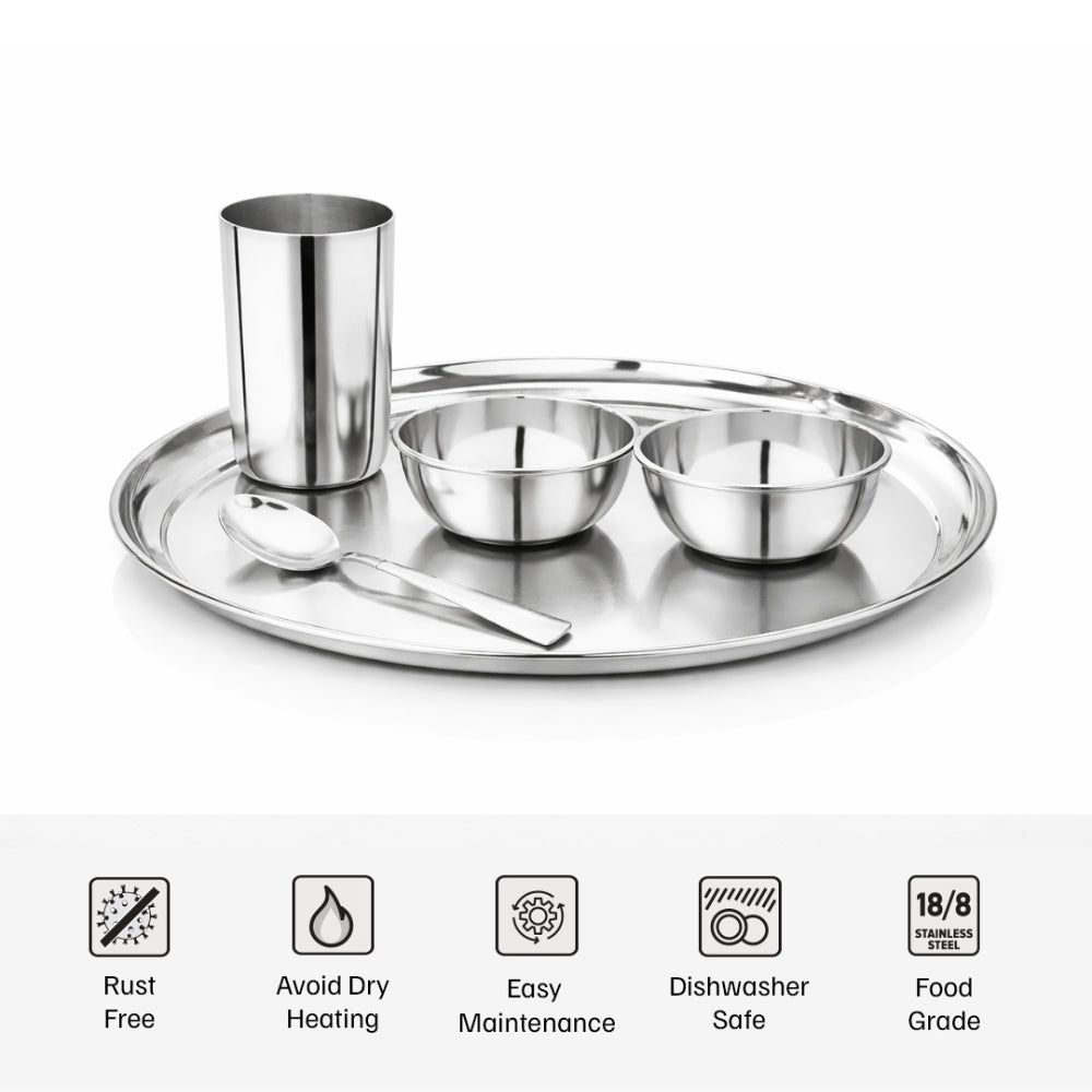 Vinod Stainless Steel Rajbhog Thali Set (5 Pieces) – Stainless Steel Dinner Set with Plate, Bowls, Glass & Spoon