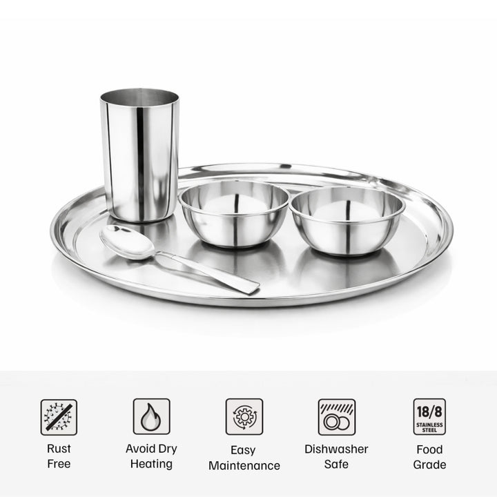 Vinod Stainless Steel Rajbhog Thali Set (5 Pieces) – Stainless Steel Dinner Set with Plate, Bowls, Glass & Spoon