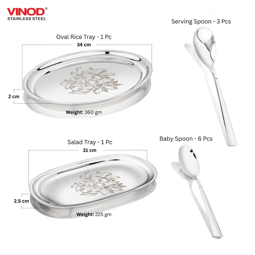 Vinod Laser stainless steel 51 piece dinner set, heavy gauge and dishwasher safe, top view