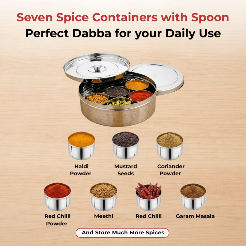 VINOD Hammered Stainless Steel Spice Box / Masala Dabba with 7 Containers, Spoon & Inner Lid, Airtight Body, Rust Free - 8.5 Inch (No.13)
