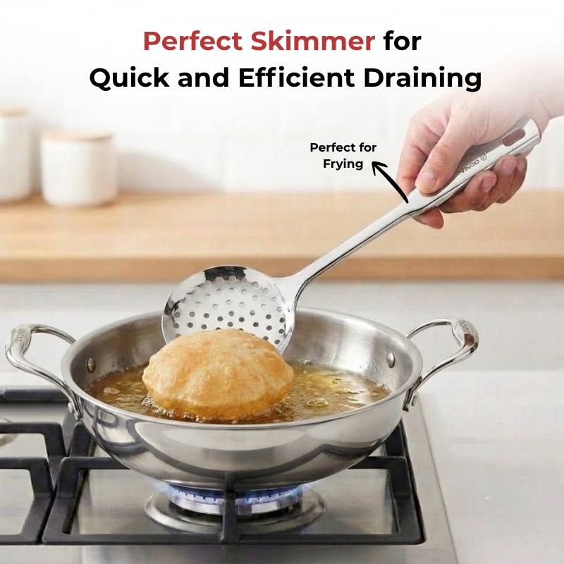 Vinod Stainless Steel Queens Perforated Skimmer Heavy Gauge Strainer, Set of 2, close-up detail