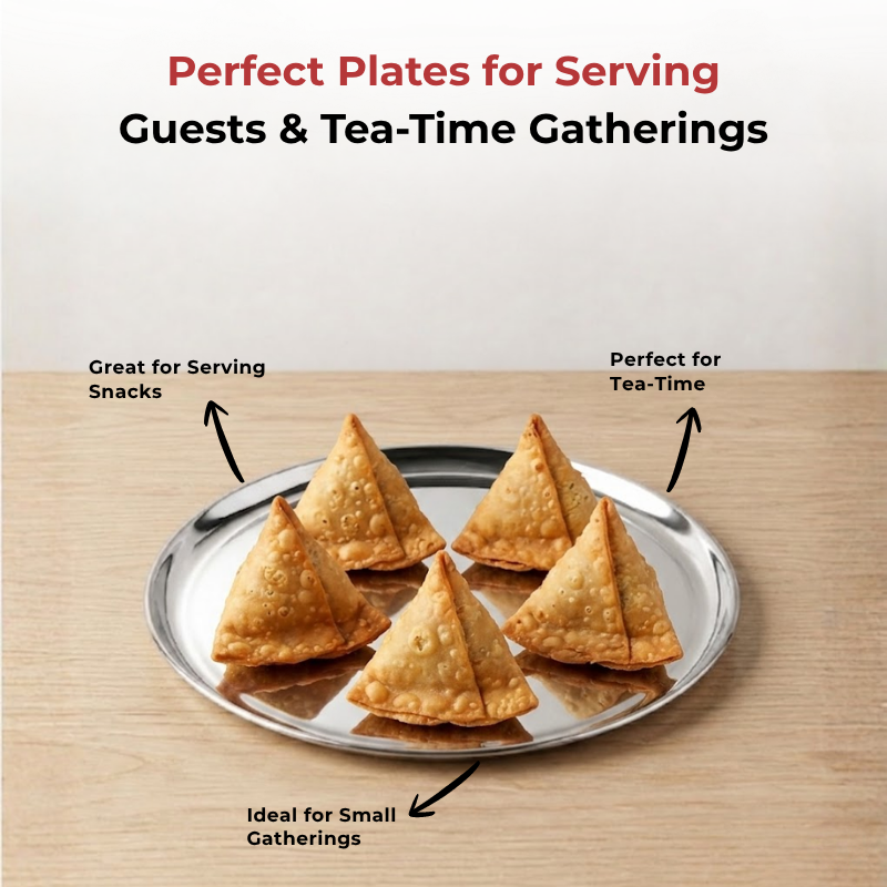 Vinod stainless steel Bangla Bogi lunch plate set of 6, 21 cm, mirror finish, close-up detail