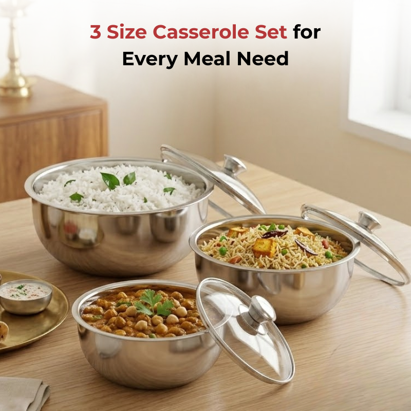 Vinod stainless steel Montero insulated casserole set of 3, 500, 900 and 1500 ml, in-use view