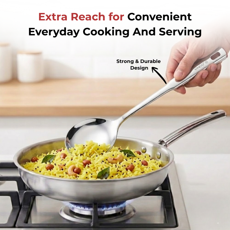Vinod Queen Kabdir stainless steel serving spoon set of 2, 37 cm, long handle, close-up detail
