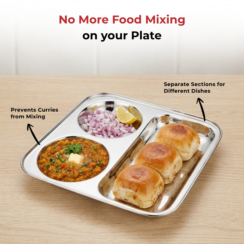 VINOD Stainless Steel 3 In 1 Compartment Plate with Round Edges, Pav Bhaji Plate, Idli Sambhar Plate, Lunch / Dinner Plate [Pack of 2]