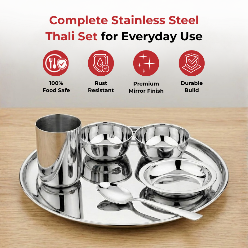 Vinod stainless steel Rajbhog thali 6 piece set with plate, bowls, glass and spoon, top view