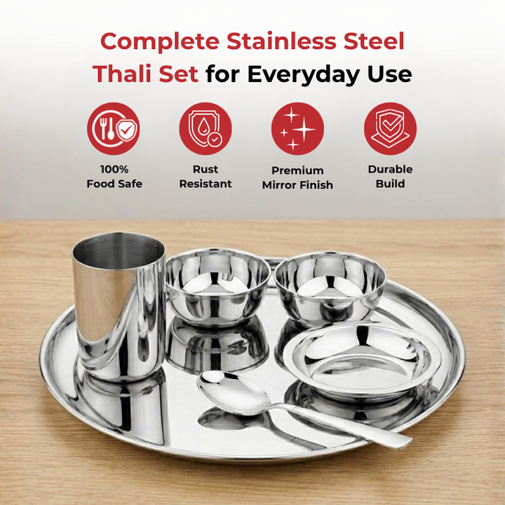 VINOD Stainless Steel Rajbhog Thali 6 Piece Set - 1 Pc Plate, 2 Pcs Bowl, 1 Pc Halwa Plate, 1 Pc Glass & 1 Pc Spoon, High Grade Stainless Steel, Rust Free