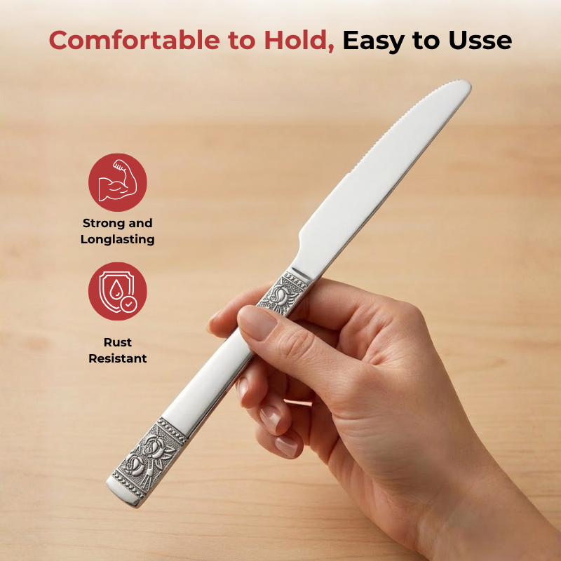 Vinod Moscow stainless steel dinner knife set of 6, close-up detail