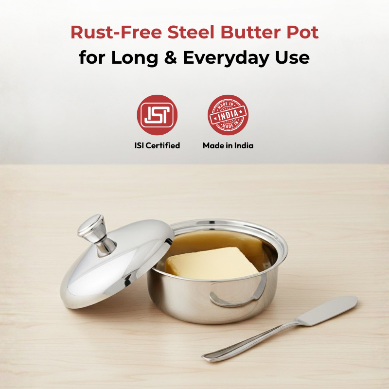 Vinod Stainless Steel Butter Pot with Butter Knife & Lid 100 gram Capacity, angled view