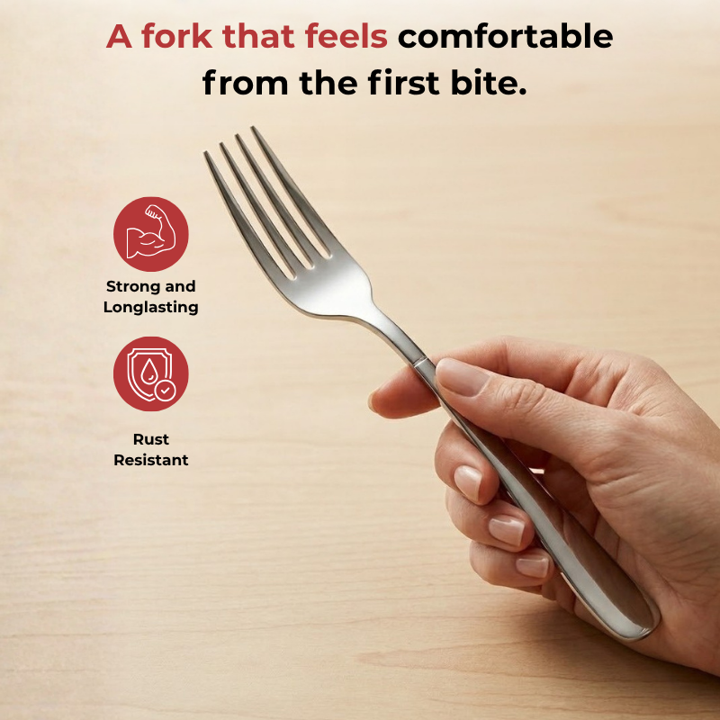 Vinod Aero stainless steel dinner fork set of 12, close-up detail