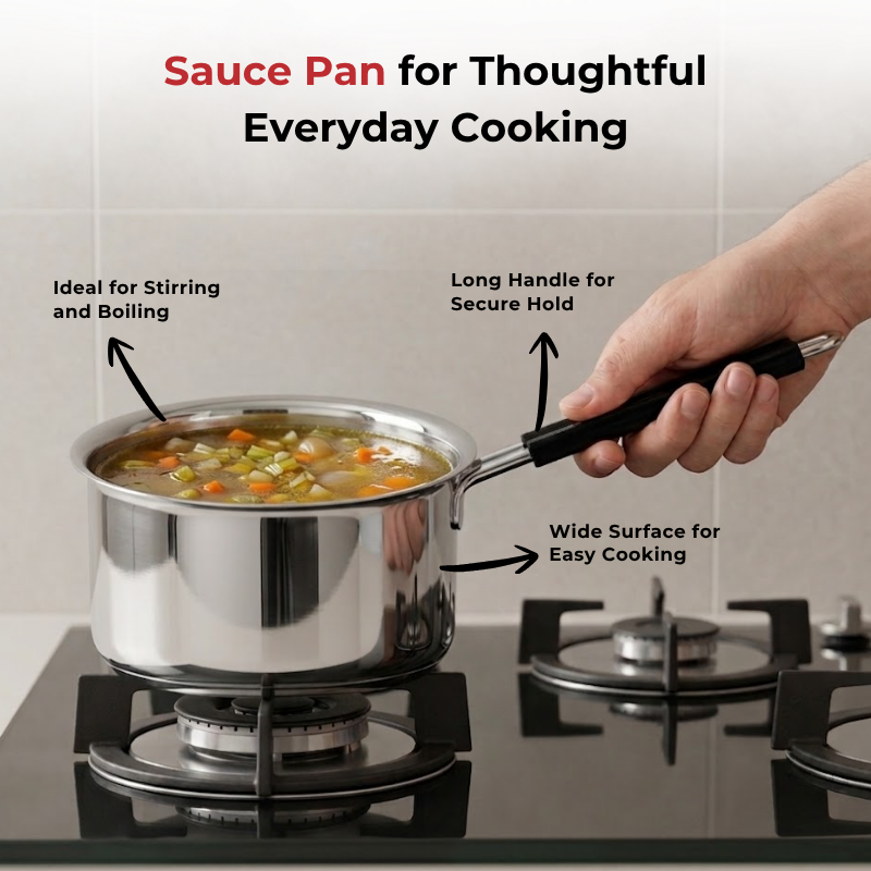 Vinod Stainless Steel Premium Sauce Pan Heavy Gauge Milk Pan, close-up detail
