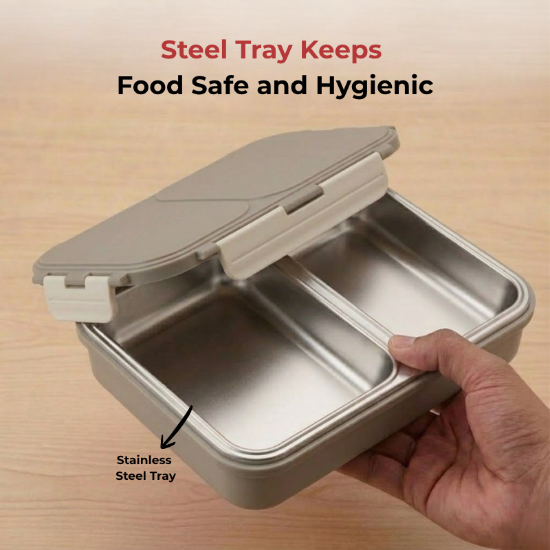 Vinod stainless steel 2 compartment lunch box in grey, silicone-sealed airtight lid, close-up detail