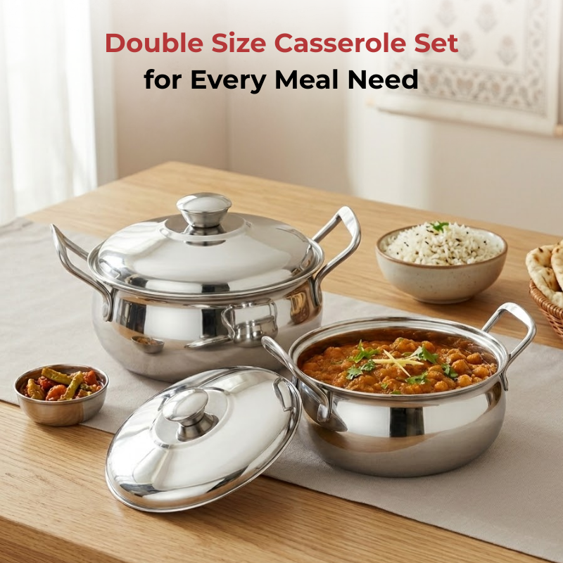 Vinod stainless steel milano serving casserole with steel lid & side handle, set of 2, 1230 ml & 1630 ml, in-use view