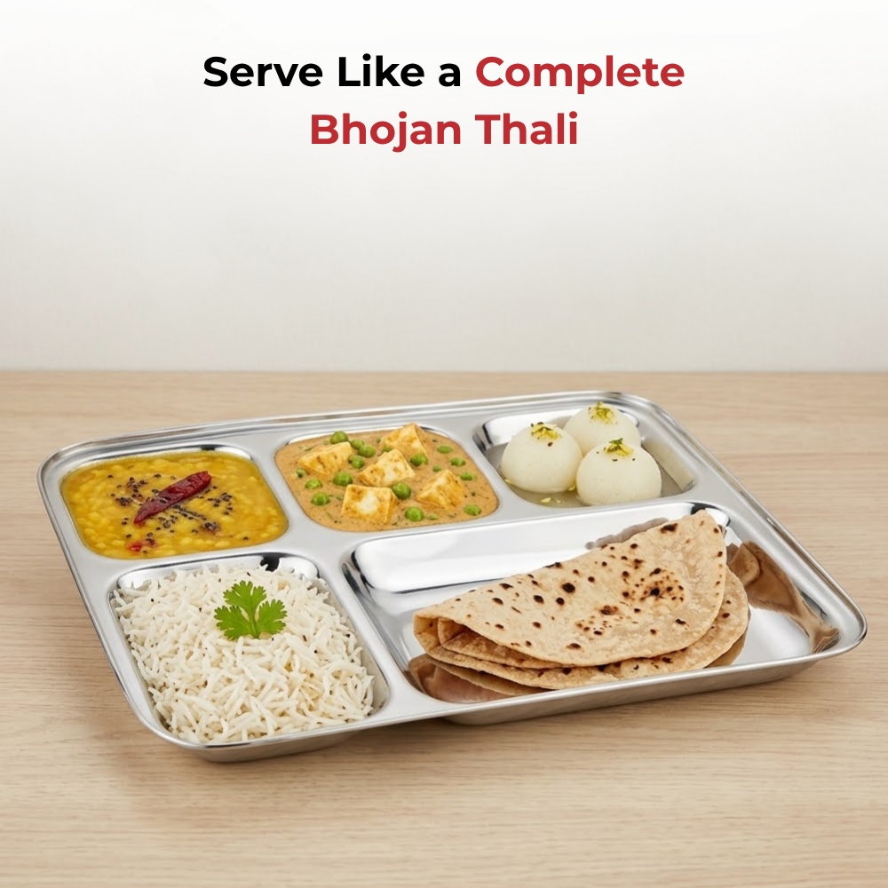 Vinod stainless steel 5 compartment bhojan thali with square edges, pack of 2, close-up detail