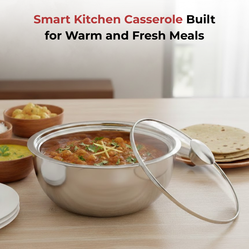 विनोद स्टेनलेस स्टील मोंटेरो इंसुलेटेड कैसरोल ग्लास लिड और स्टील नॉब के साथ | क्षमता 900 मिली