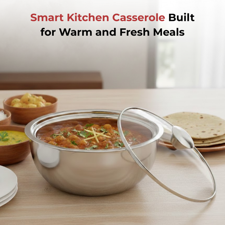 विनोद स्टेनलेस स्टील मोंटेरो इंसुलेटेड कैसरोल ग्लास लिड और स्टील नॉब के साथ | क्षमता 900 मिली