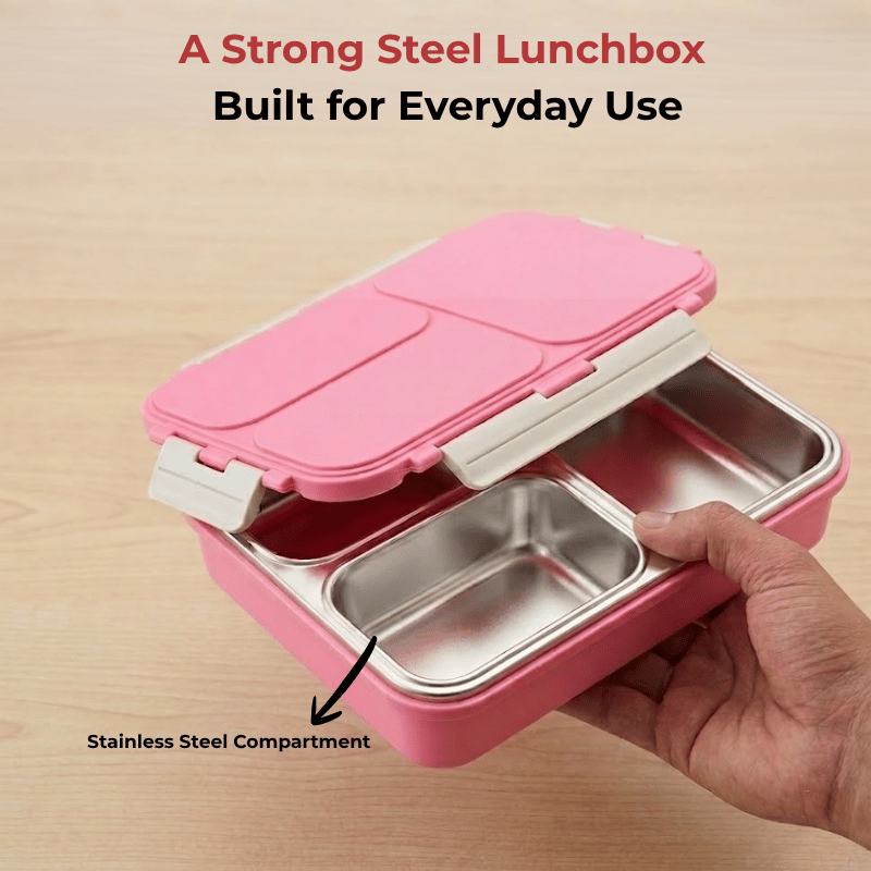 Vinod stainless steel 3 compartment tiffin in pink, silicone-sealed airtight lid, close-up detail