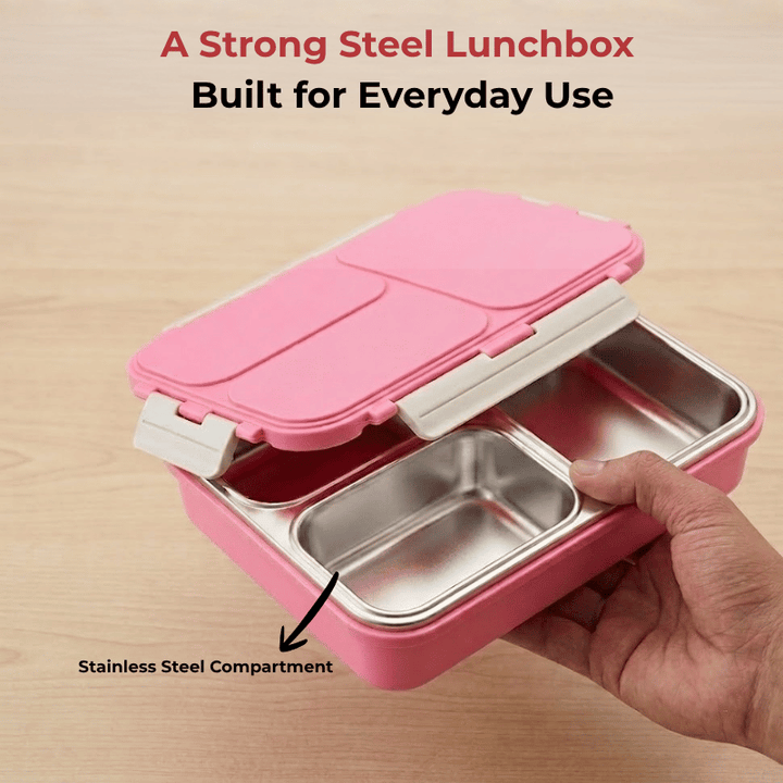VINOD Stainless Steel Tiffin 3 Compartment Pink, Airtight Silicone-Sealed Lid, Insulated, Food-Grade Steel, Secure Side Clips
