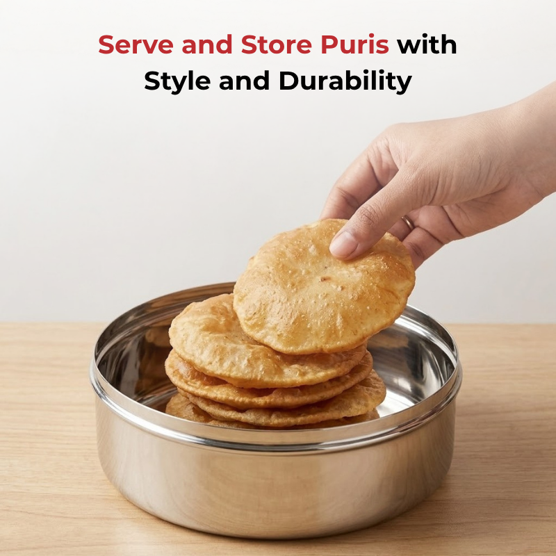 Vinod stainless steel puri dabba set of 4, capacity: 1200 ml, 1500 ml, 2100 ml, 2500 ml, close-up detail