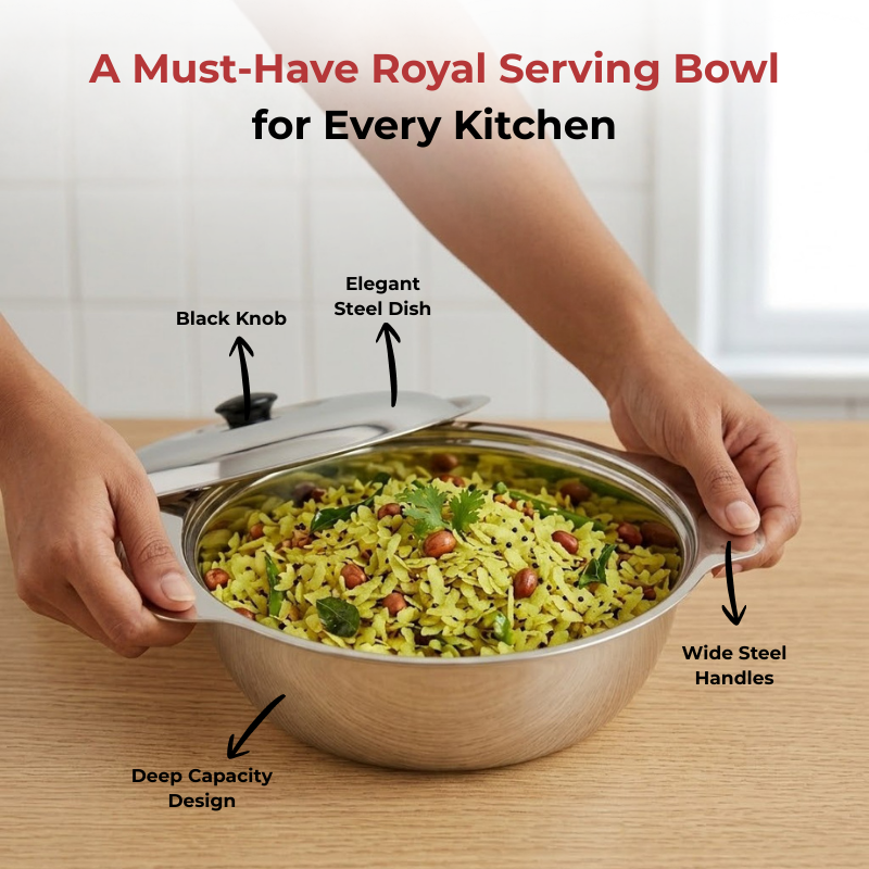 Vinod Stainless Steel Royal Veg Serving Dish with Cover, close-up detail