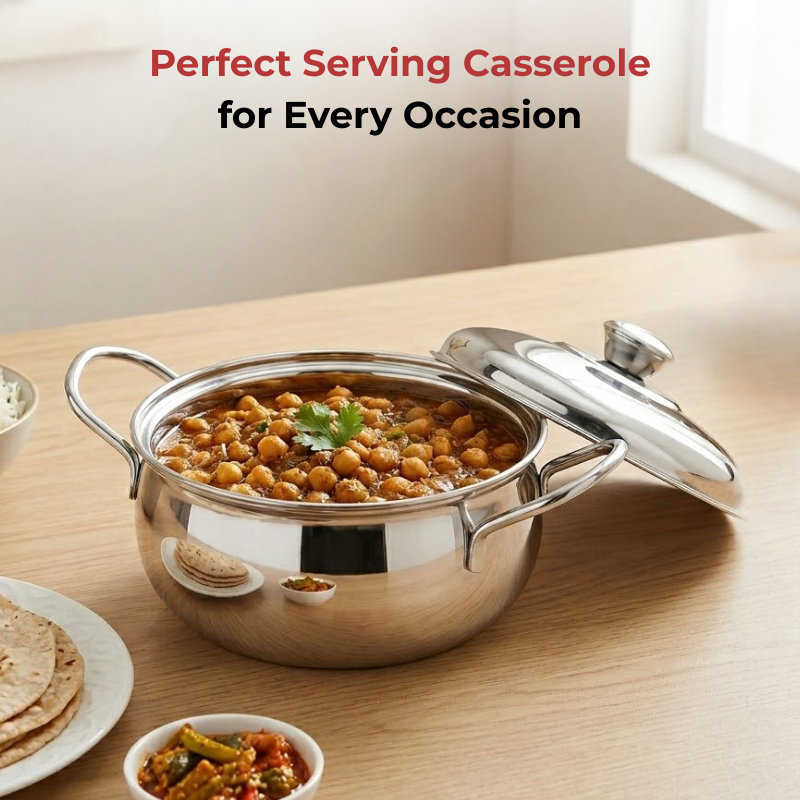Vinod Stainless Steel Milano Plain Serving Casserole with Steel Lid & Side Handles, in-use view